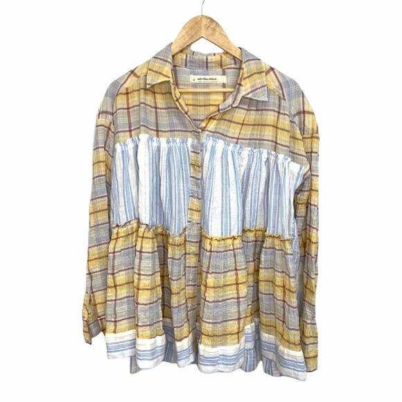 Free People We the Free Waiting on Summer Striped Panel Plaid Swing Top Sz Small - Picture 2 of 5
